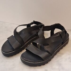 Sorel Black Leather Gladiator Chunky Sandals Wom Sz 8.5 Adjustable Strappy Flats